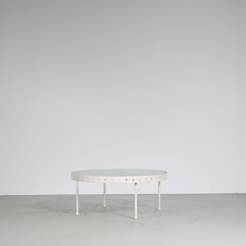 Vintage coffee table in white lacquered metal and glass by Janni van Pelt for MyHome, Netherlands 1950