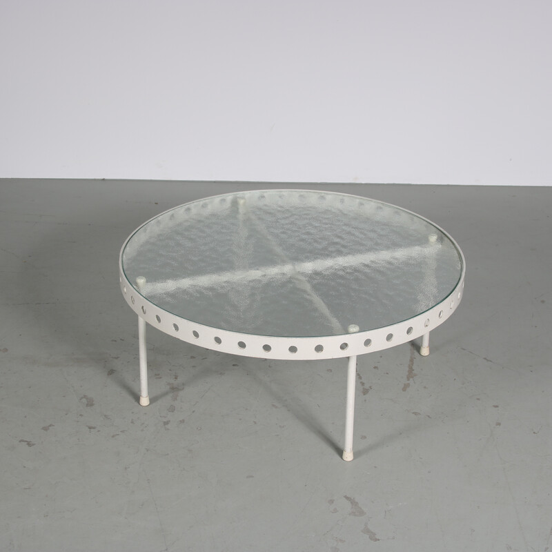 Vintage coffee table in white lacquered metal and glass by Janni van Pelt for MyHome, Netherlands 1950