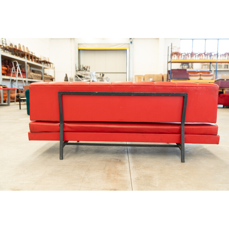 Vintage 3-seater sofa in red imitation leather and black iron, Italy 1970