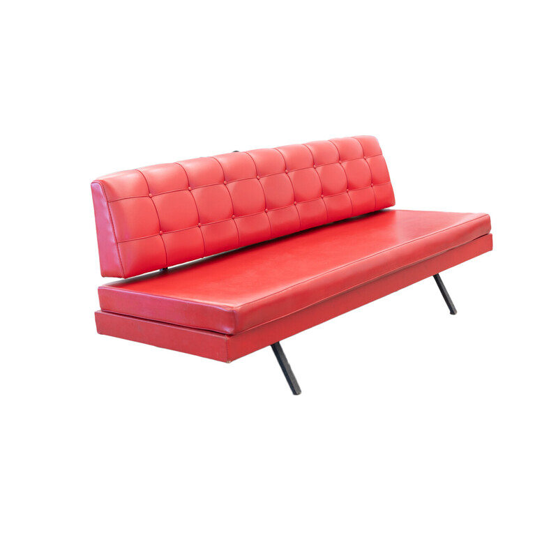 Vintage 3-seater sofa in red imitation leather and black iron, Italy 1970