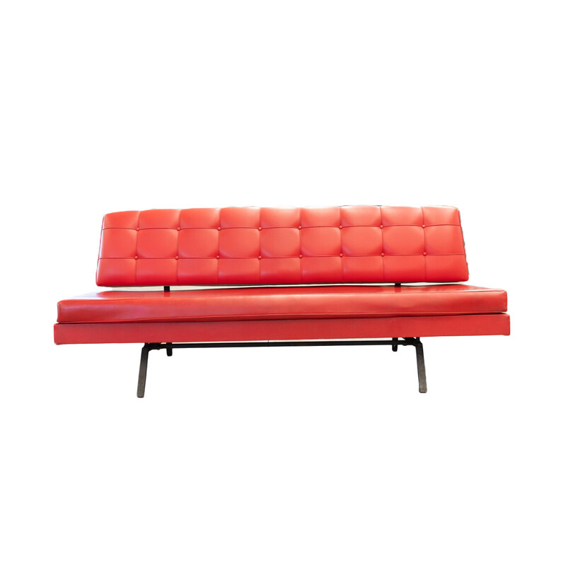 Vintage 3-seater sofa in red imitation leather and black iron, Italy 1970