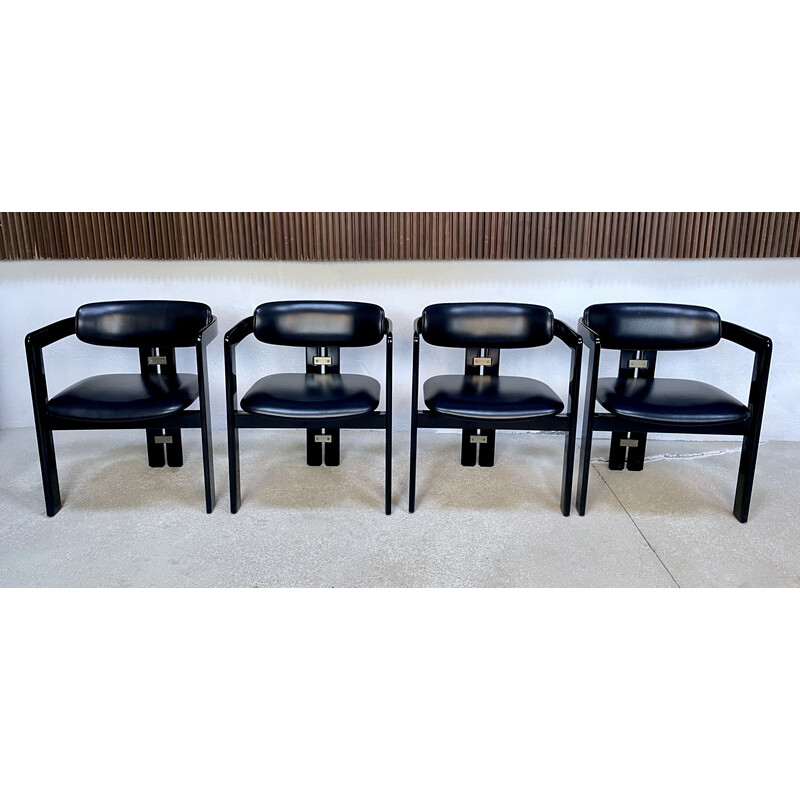 Set of 4 vintage dining chairs in wood and leather by Augusto Savini for Pozzi, Italy 1964