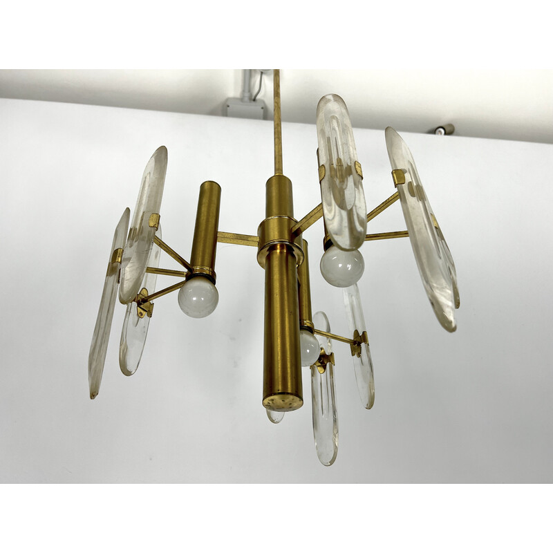 Vintage brass and glass chandelier for Sciolari, Italy 1970