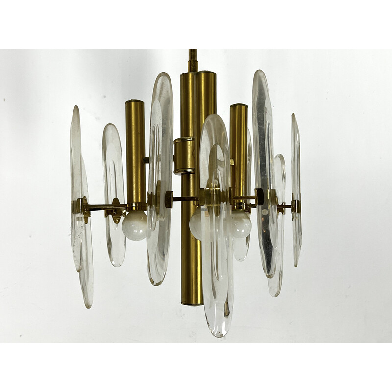 Vintage brass and glass chandelier for Sciolari, Italy 1970
