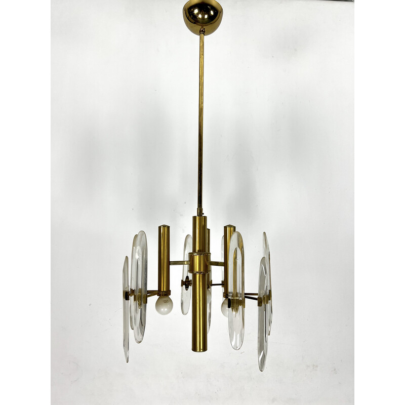 Vintage brass and glass chandelier for Sciolari, Italy 1970