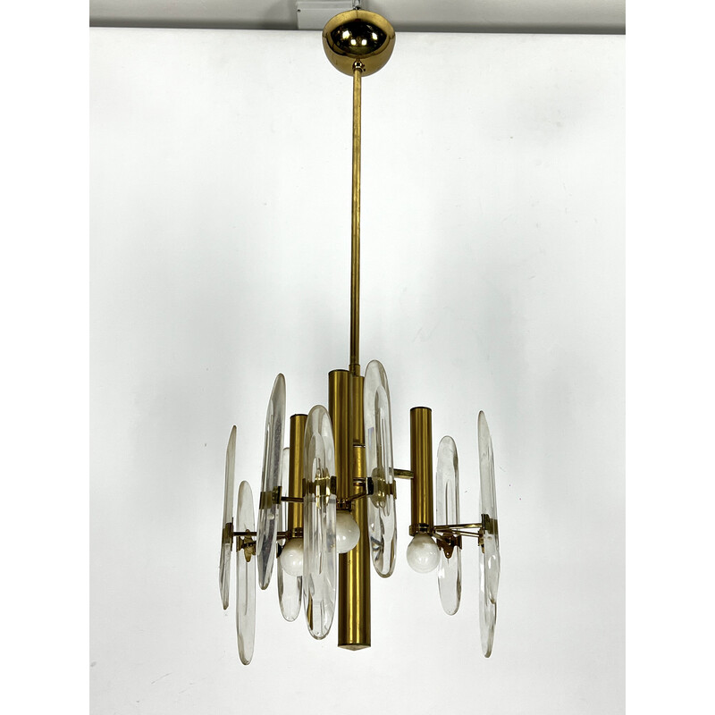 Vintage brass and glass chandelier for Sciolari, Italy 1970