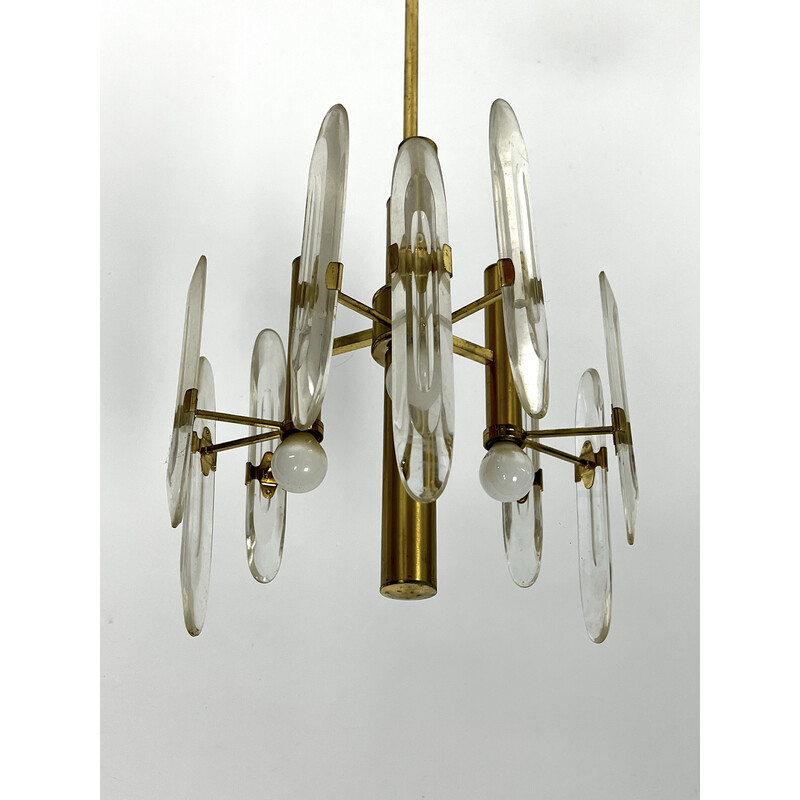 Vintage brass and glass chandelier for Sciolari, Italy 1970