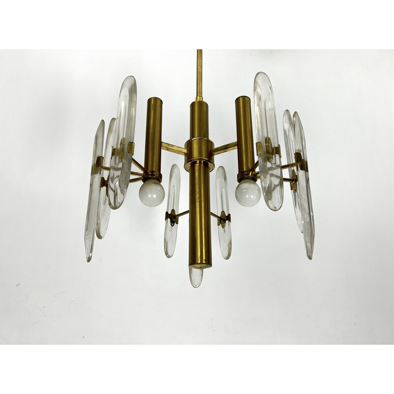 Vintage brass and glass chandelier for Sciolari, Italy 1970