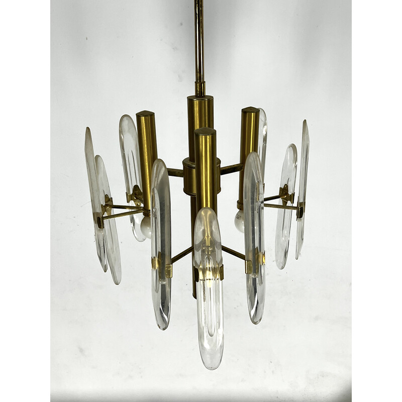 Vintage brass and glass chandelier for Sciolari, Italy 1970