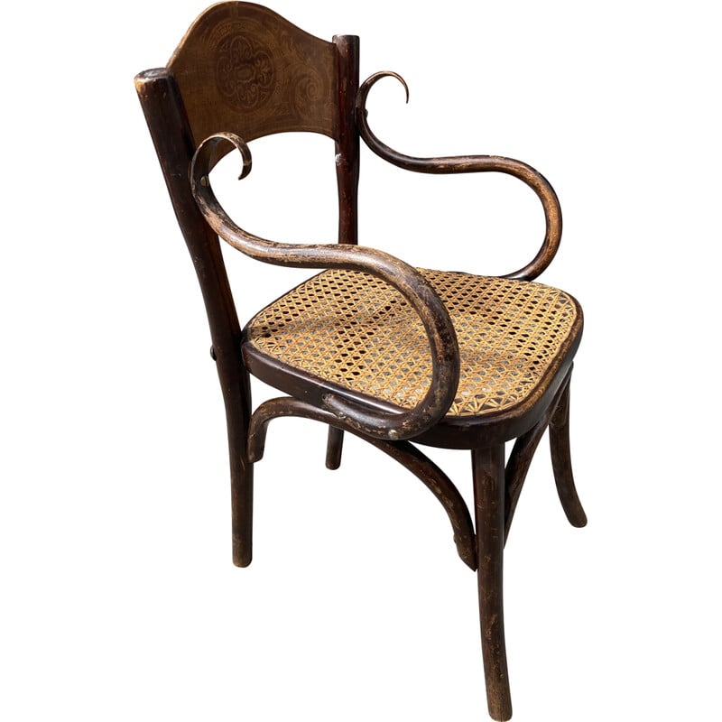 Vintage Art Nouveau children's armchair in rattan and bentwood by Jacob and Josef Kohn, 1900