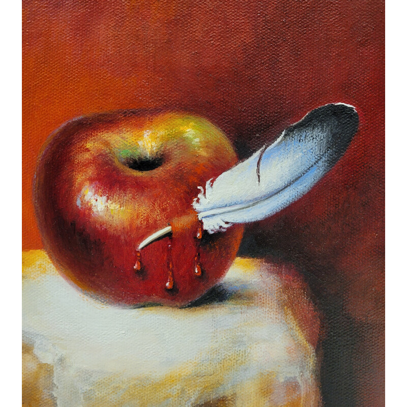 Vintage painting “Hornacina Roja” by Javier Rodriguez representing a red manzana crossed by a white plume