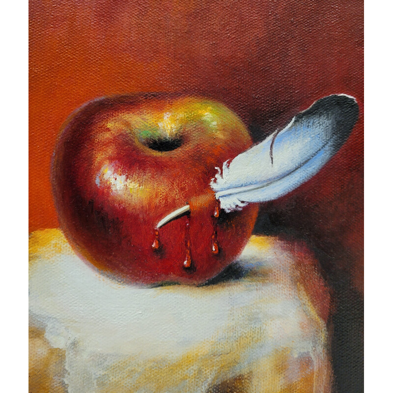 Vintage painting “Hornacina Roja” by Javier Rodriguez representing a red manzana crossed by a white plume