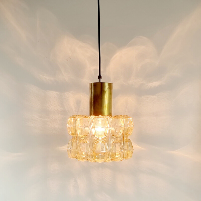 Vintage amber glass diamond and brass pendant lamp by Helena Tynell for Limburg, Germany, 1960