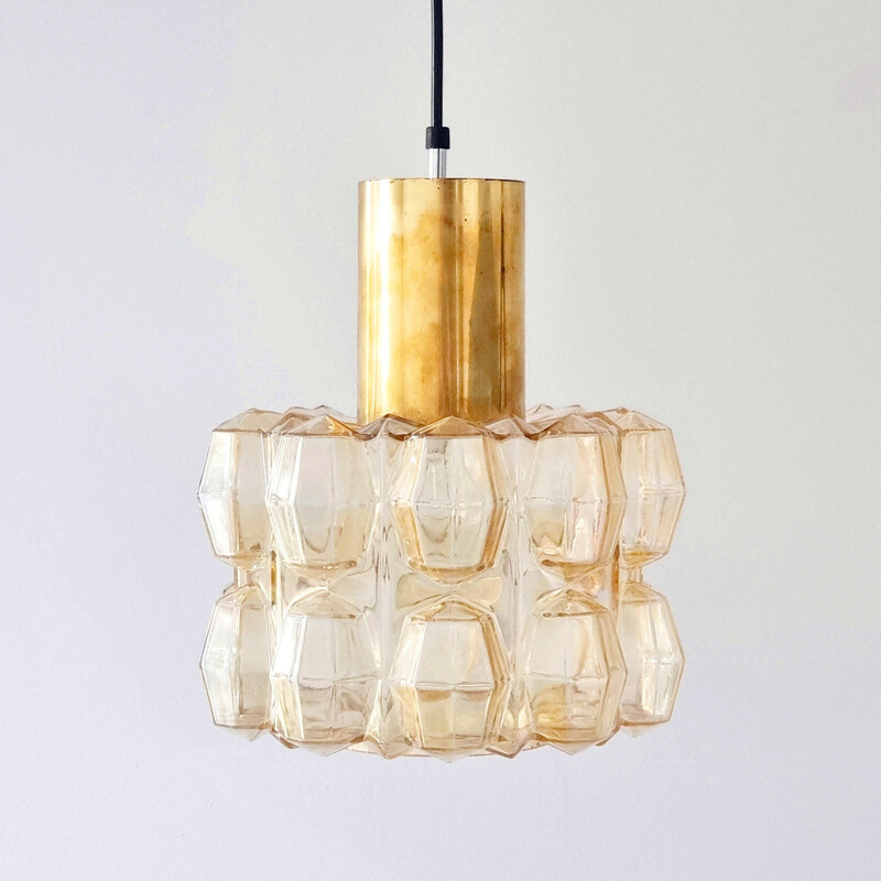 Vintage amber glass diamond and brass pendant lamp by Helena Tynell for Limburg, Germany, 1960