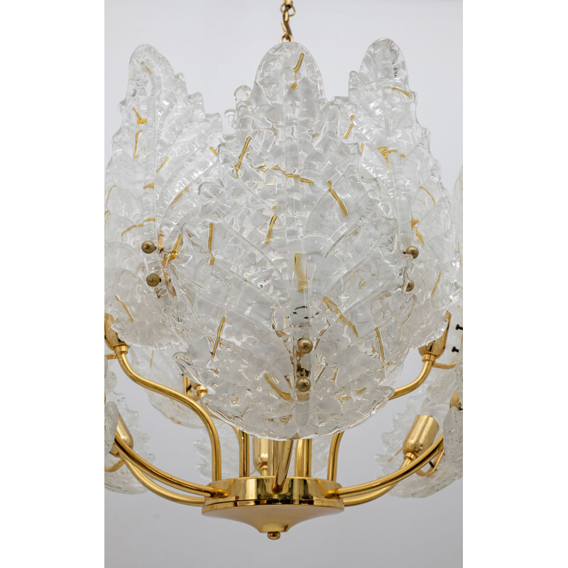 Vintage Pure Gold Plated Brass 12 Leaf Murano Glass Chandelier, Italy 1970