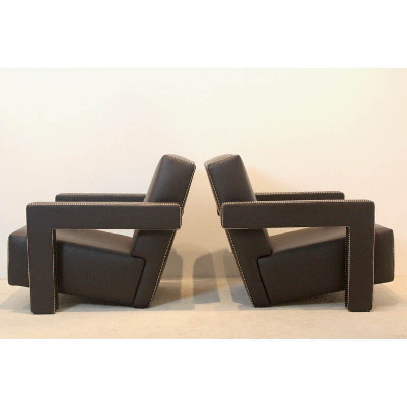 Pair of vintage Utrecht armchairs in chocolate brown leather by Gerrit Rietveld for Cassina, Netherlands 1935