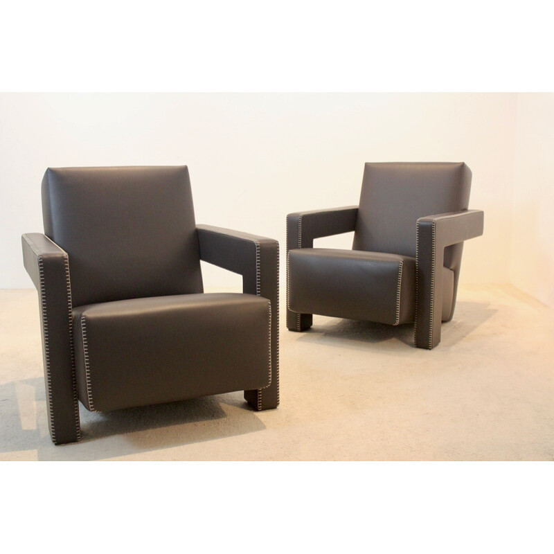 Pair of vintage Utrecht armchairs in chocolate brown leather by Gerrit Rietveld for Cassina, Netherlands 1935