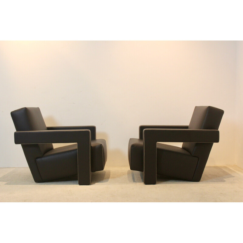 Pair of vintage Utrecht armchairs in chocolate brown leather by Gerrit Rietveld for Cassina, Netherlands 1935