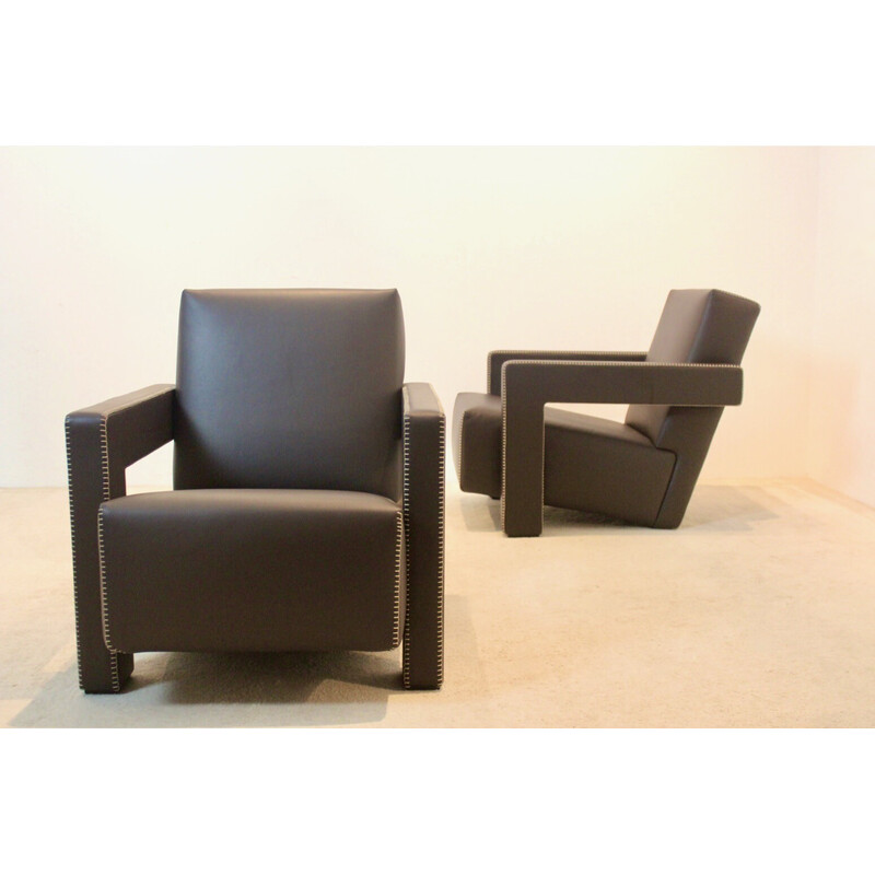 Pair of vintage Utrecht armchairs in chocolate brown leather by Gerrit Rietveld for Cassina, Netherlands 1935