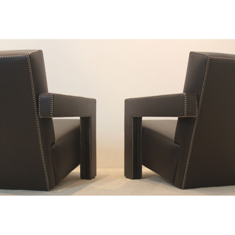 Pair of vintage Utrecht armchairs in chocolate brown leather by Gerrit Rietveld for Cassina, Netherlands 1935