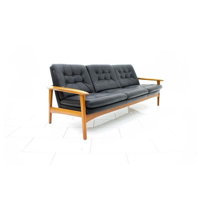 Scandinavian modern leather and teak wood sofa - 1960s