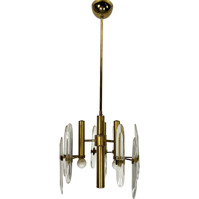 Vintage brass and glass chandelier for Sciolari, Italy 1970