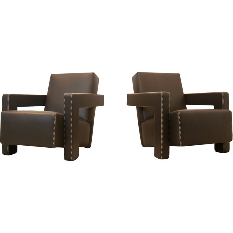 Pair of vintage Utrecht armchairs in chocolate brown leather by Gerrit Rietveld for Cassina, Netherlands 1935