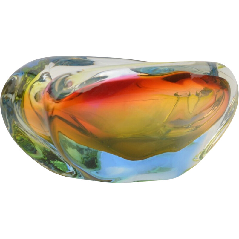 Vintage multicolor boric crystal glass ashtray by M. Velíšková for Skrdlovice Sklarna, Czechoslovakia 1960