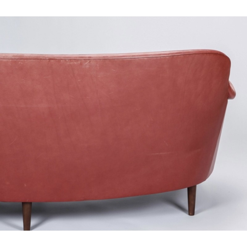 Vintage curved 3-seater sofa in leather and beech by Carl Malmsten for OH Sjögren, 1950