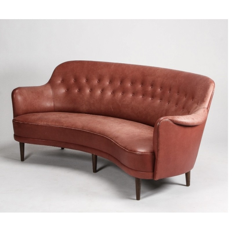Geschwungenes Vintage-3-Sitzer-Sofa aus Leder und Buche von Carl Malmsten für OH Sjögren, 1950