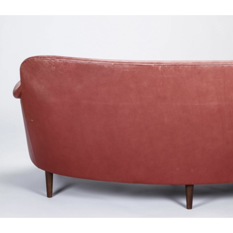 Vintage curved 3-seater sofa in leather and beech by Carl Malmsten for OH Sjögren, 1950