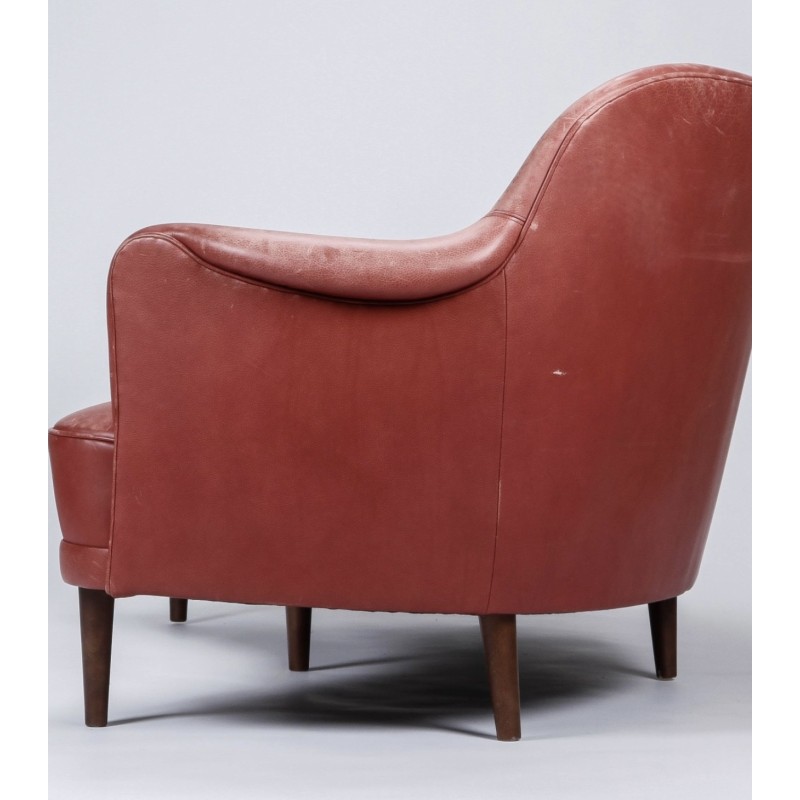 Vintage curved 3-seater sofa in leather and beech by Carl Malmsten for OH Sjögren, 1950