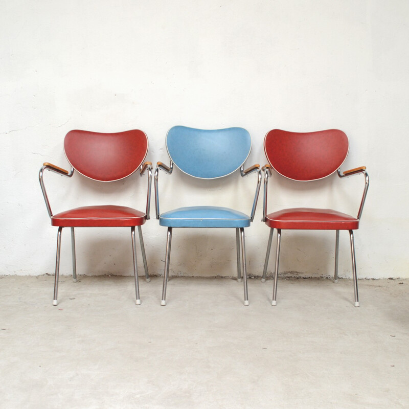 Suite von 3 Stühlen aus rotem und blauem Kunstleder - 1950