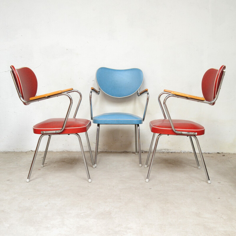Conjunto de 3 cadeiras em pele de imitação vermelha e azul - 1950