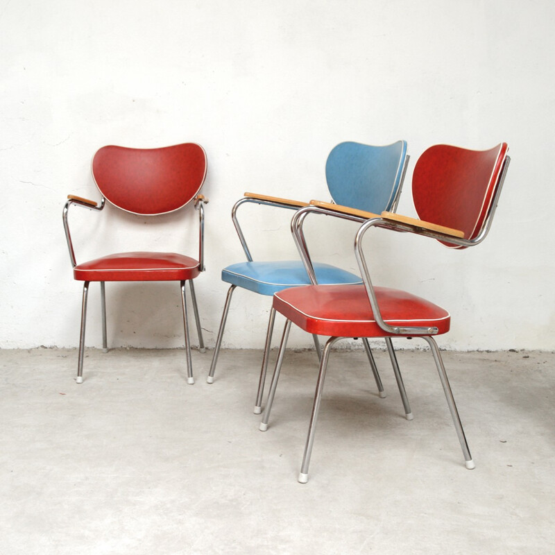 Suite van 3 stoelen in rood en blauw kunstleer - 1950