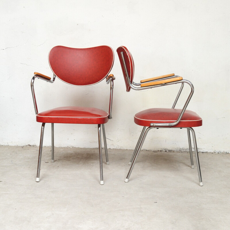 Set of 3 red and blue chairs - 1950s