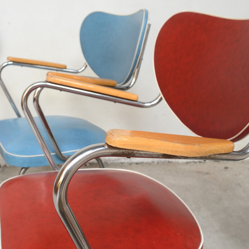 Suite de 3 chaises en simili cuir rouge et bleu - 1950