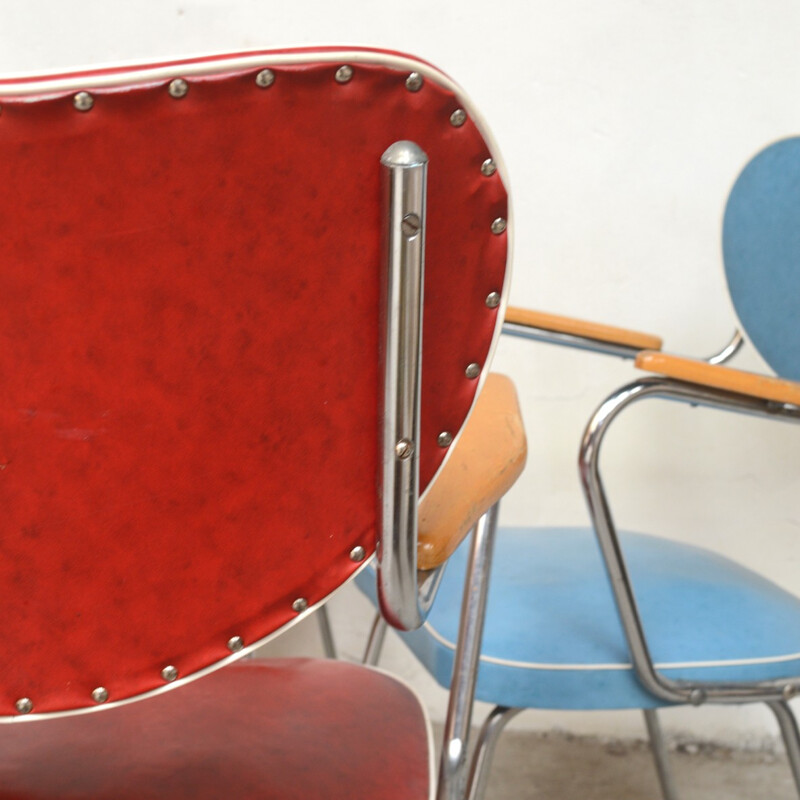 Conjunto de 3 cadeiras em pele de imitação vermelha e azul - 1950