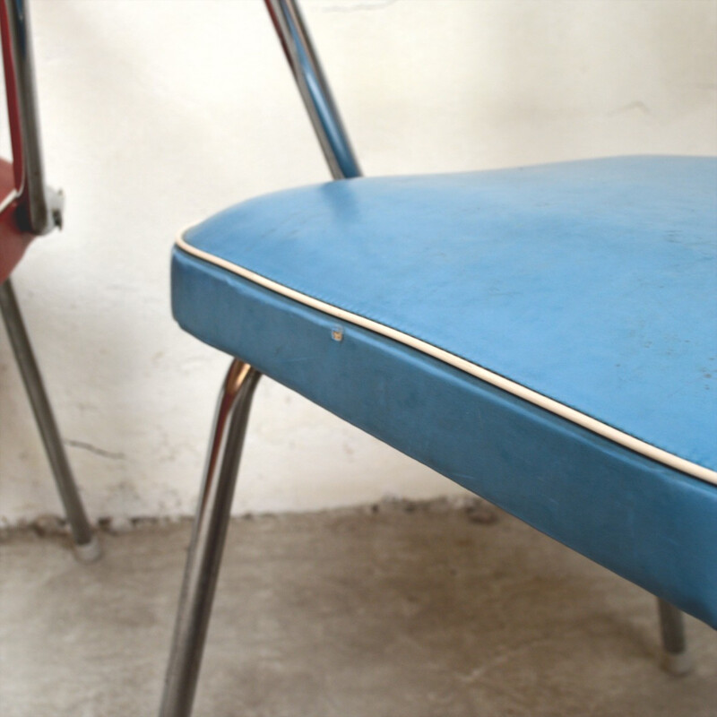 Set of 3 red and blue chairs - 1950s