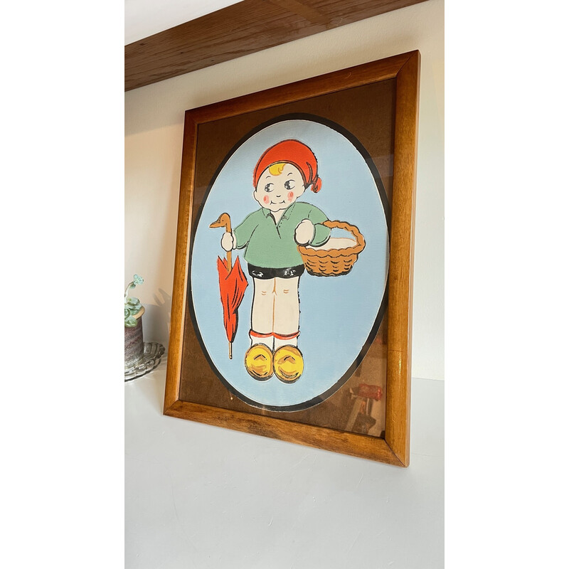 Vintage painting on paper medallion with wood and glass frame
