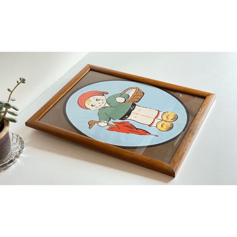 Vintage painting on paper medallion with wood and glass frame