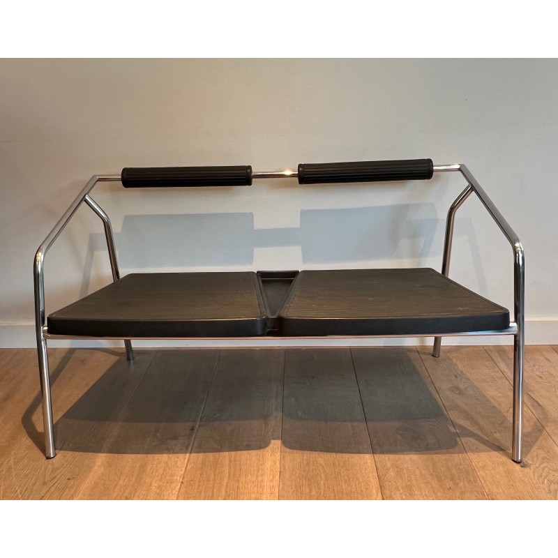 Vintage 2-seater sofa in chrome-plated metal and black rubber, France 1970