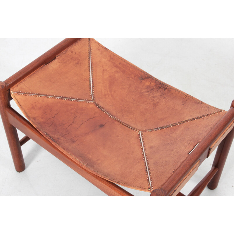 Vintage teak and leather footrest by Kurt Olsen
