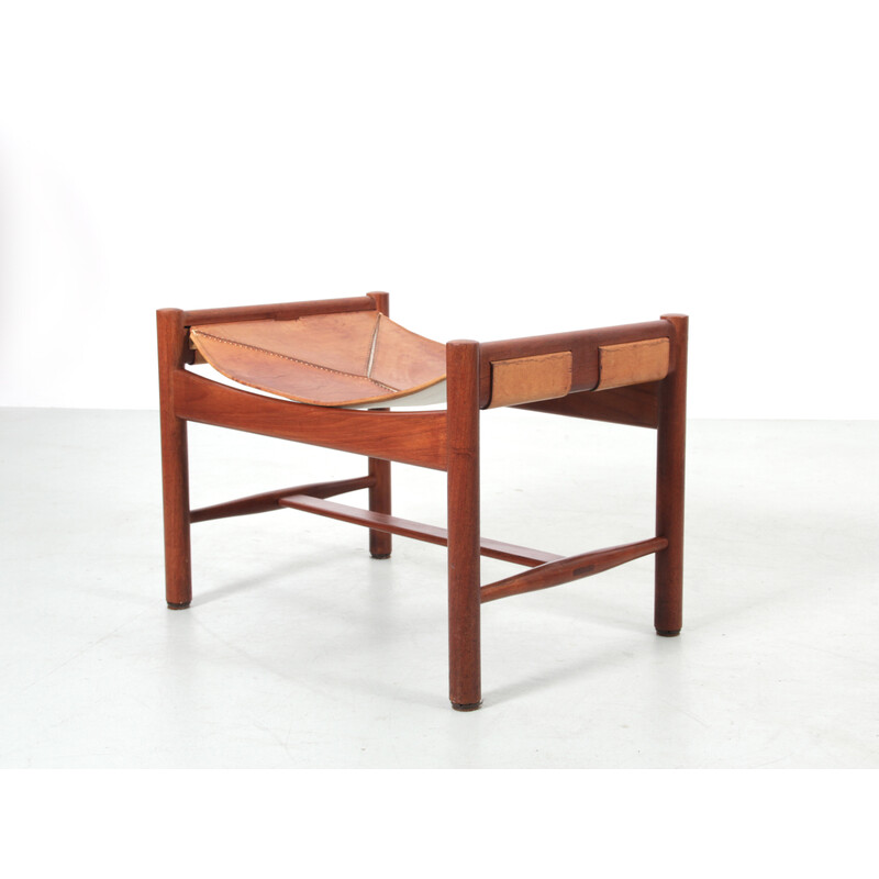 Vintage teak and leather footrest by Kurt Olsen