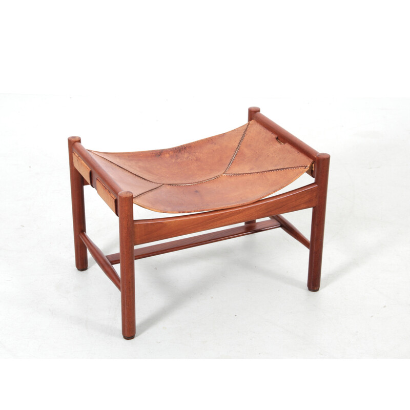 Vintage teak and leather footrest by Kurt Olsen