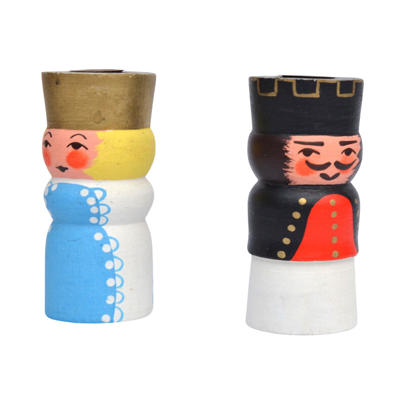Pair of vintage wooden king and queen candlesticks, Germany 1970