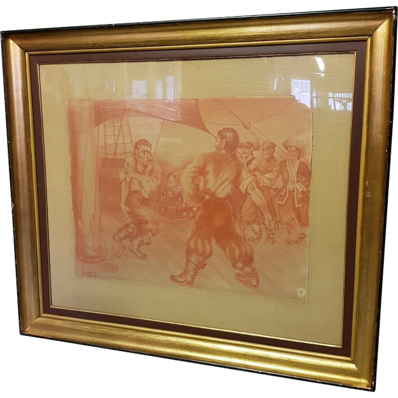 Vintage pirate red chalk drawing for Denison, 1939
