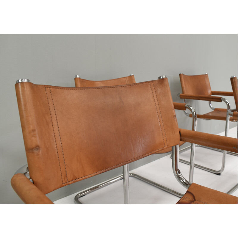 Set of 6 vintage S34 armchairs in saddle leather and chrome by Mart Stam for Fasem, Italy 1960