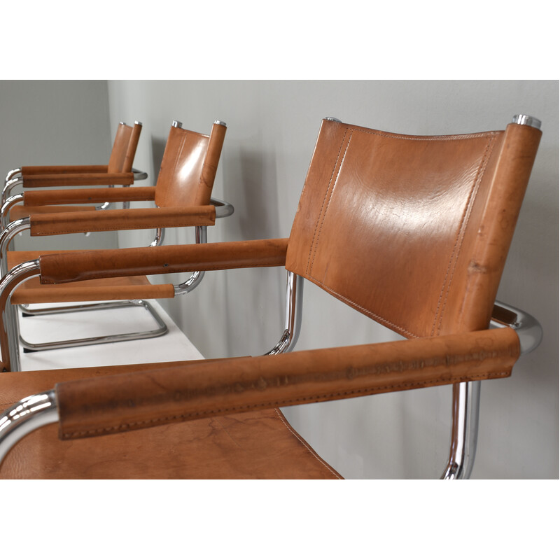 Set of 6 vintage S34 armchairs in saddle leather and chrome by Mart Stam for Fasem, Italy 1960