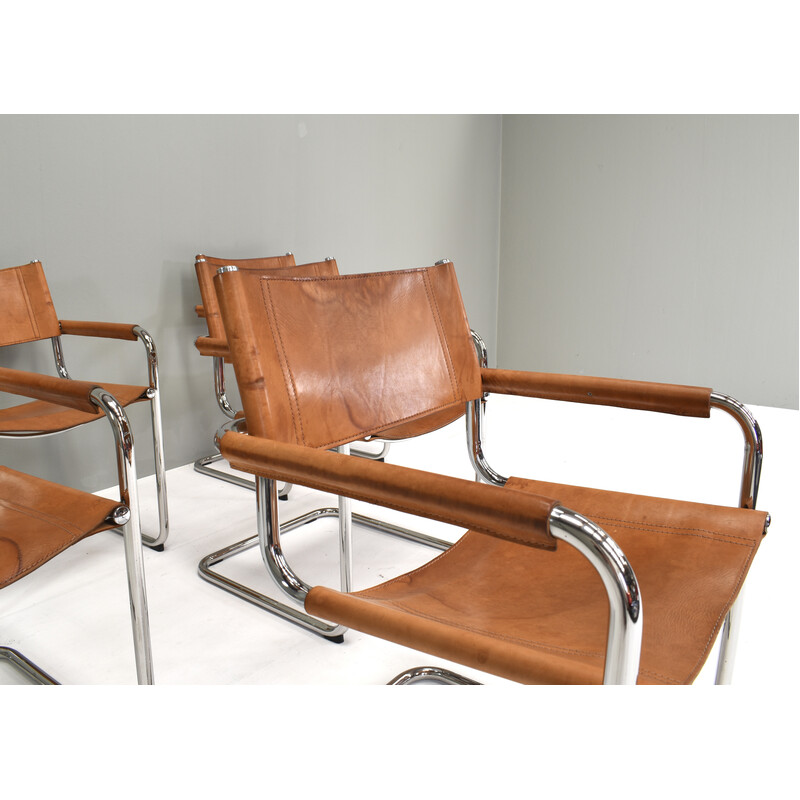 Set of 6 vintage S34 armchairs in saddle leather and chrome by Mart Stam for Fasem, Italy 1960